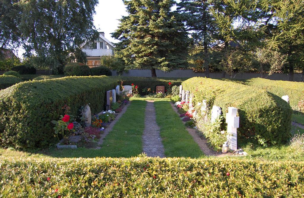 Gräsytor förekommer i kyrkogårdens norra, östra och södra del, längs med dess omgärdning. Sydost om kapellet står ett tiotal formklippta buskar på rad (se bild till vänster).