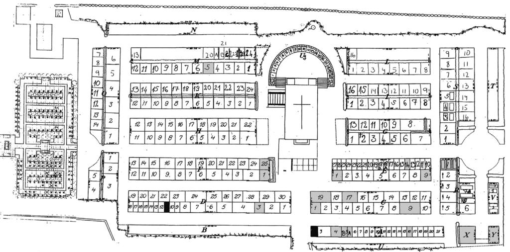 Gravkarta med utvalda gravanordningar Nedan återfinns en gravkarta med de gravanordningar som bedömts som kulturhistoriskt mycket värdefulla (grad I) samt värdefulla (grad II) markerade med svart