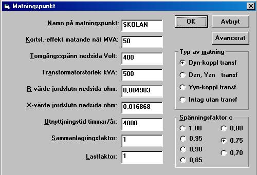 systemspänning 400 V eller känd utgångsspänning för beräkningarna, gällande för just det speciella nätet.