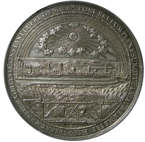FREDEN I OLIVA. Denna silvermedalj slogs av staden Danzig med anledning av Freden i Oliva den 3 maj 1660 mellan Sverige (Karl XI), Polen (Johan Casimir) och hans bundsförvanter.