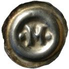 55 56 57 58 59 55 UPPSALA? Penning. Brakteat med latinskt M inom slät ring.