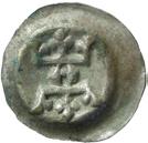 128 129 130 131 132 128 OKÄND MYNTORT. Penning. Brakteat med två motställda kronor. Mellan kronorna bokstaven I. LL XXIX:4. 0,34 g.