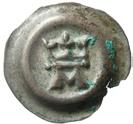 Brakteat med krönt A inom slät ring. Malmer KrAÄb (jfr. Malmer nr 205), LL XXXIII:1a. 0,28 g.