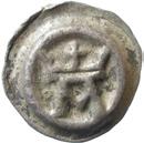 Brakteat med krönt A inom slät ring. Malmer KrAÄa (jfr. Malmer nr 201), LL XXXIII:1b. 0,36 g.