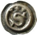 Brakteat med krönt S inom slät ring. Malmer KrSÄa (jfr. Malmer nr 227-228), LL XXXIII:2a. 0,29 g.