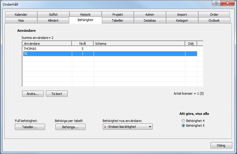 15. Behörighet användare Under behörighetsfliken hanteras nivån på de användare man lagt till under Schemabyggaren. Tillgängliga nivåer är 1-5.