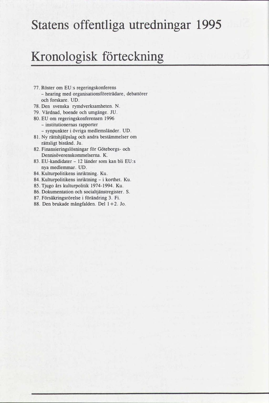 Statens offentliga utredningar 99 Kronologisk förteckning 77.Röster omeu:sregeringskonferens - hearingmedorganisationsföreträdare, debattörer ochforskare.ud. 78.Den svenskarymdverksamheten. N. 79.