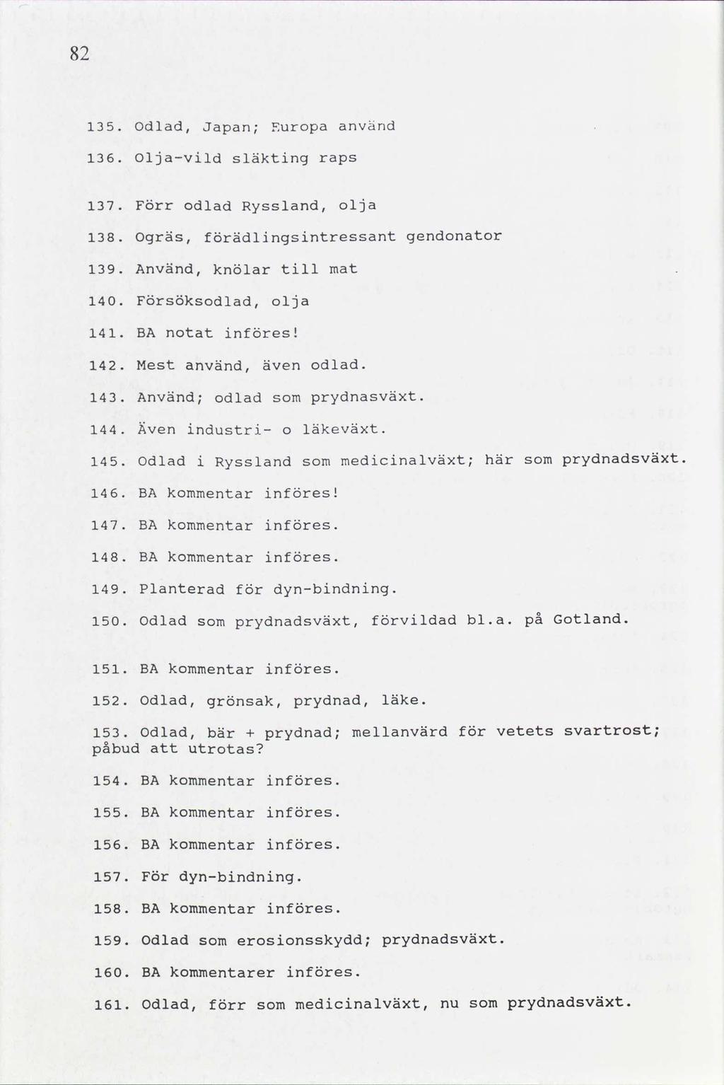 82 odlad, Japan; Europa använd 6. Olja-vild släkting raps 7. Förr odlad Ryssland, olja Ogräs, förädlingsintressant gendonator 9. Använd, knölar till mat 40. Försöksodlad, olja 4. BA notat införes 42.