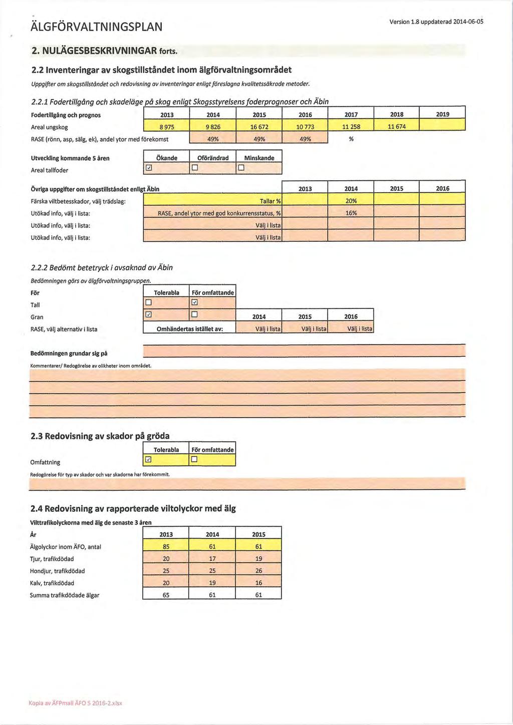 Version 1.8 uppdaterad 2014-06-05 2. NULÄGESBESKRIVNINIGAR forts. 2.2 Inventeringar av skogstillståndet inom älgförvaltningsområdet Uppgifter om skogstillståndet och redovisning av inventeringar enligt föreslagna kvalitetssäkrade metoder.