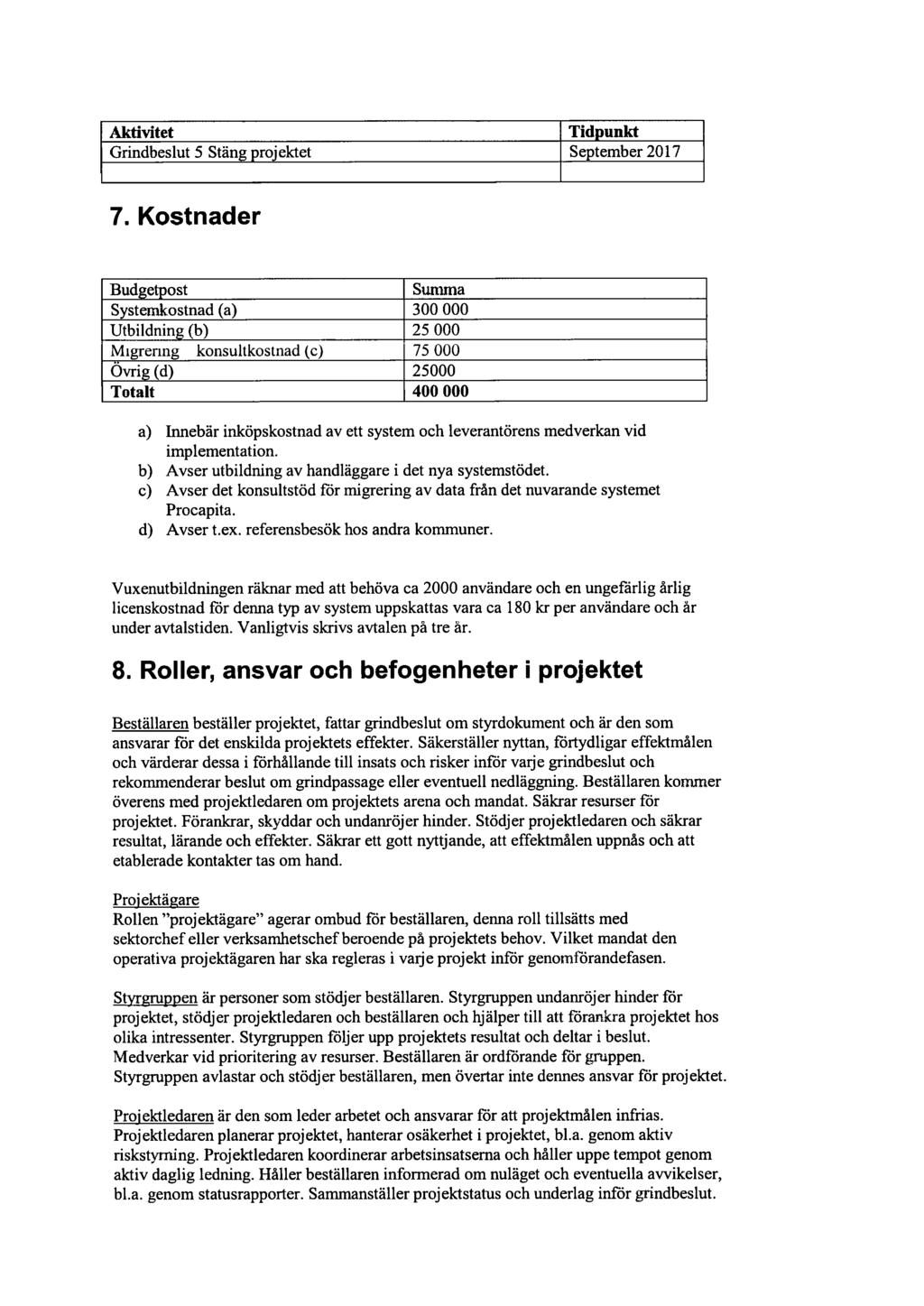 Aktivitet Tidpunkt Grindbeslut 5 Stäng projektet September 2017 7.