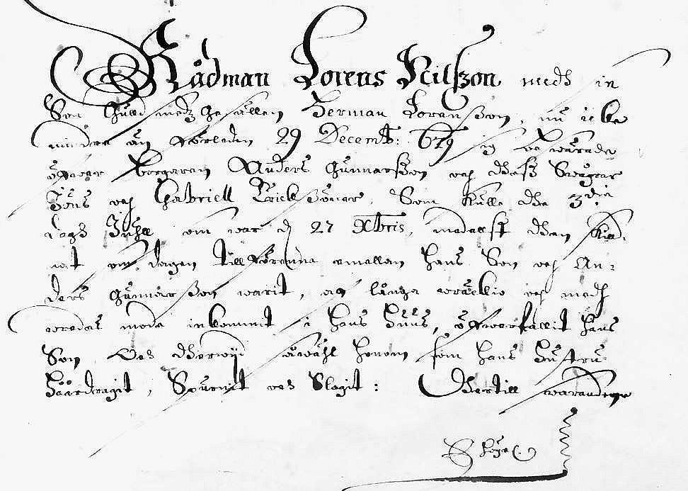 Exempel på en tolkad text med förtydligande. Anno 1680 dhen 3 Januarij i Vadstena Rådstugu.