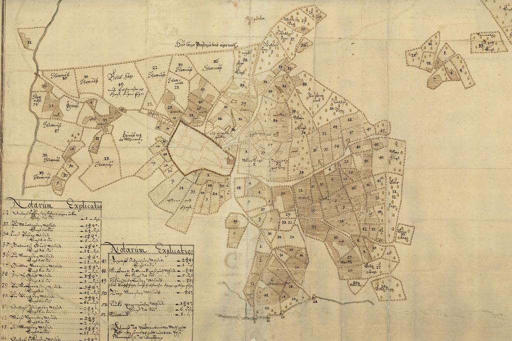 META 2017 Figur 2. Geometrisk delineation över Vimmerby 1648, som visar stadsplanen med kyrkan i öster och torget i centralt placerat i staden. Lantmäteristyrelsens arkiv G105-1:1.