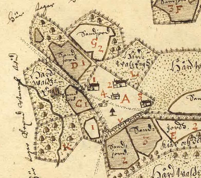 META 2017 Figur 4. Utsnitt ur Geometrisk ägoavmätning över gården Torget 1645 som visar marknadsbodar (v) och tingsstuga (4). Johan Larsson Grot, Lantmäteristyrelsens arkiv E123-50:e4:6-7 26.