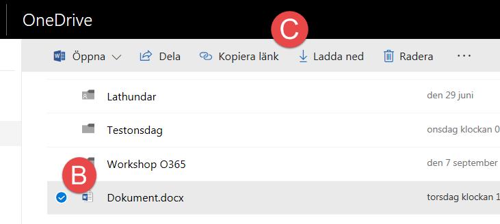 9. Ladda ner en fil från OneDrive A: Öppna OneDrive. B: Klicka i cirkeln vid sidan om den fil du vill ladda ner. C: Klicka på Ladda ner. D: En ny dialogruta dyker upp*.