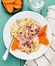 Spara cirka 40 min Ingredienser: 4 portioner ris eller pasta 250 g champinjoner 1 rödlök 3 förp (à 100 g) kalkonbacon 1 msk olja 2 1/2 dl matlagningsgrädde 1 msk majsstärkelse 2 1/2 dl