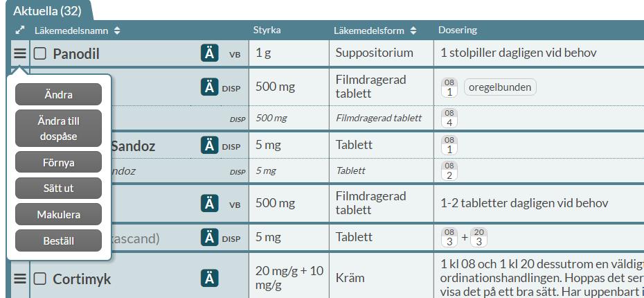 Du har alltså bara alternativet Makulera under den streckade menyn till vänster på raden om det är möjligt att använda på det receptet.