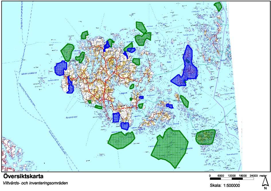 Bild 1. Översiktskarta över viltvårds- och inventeringsområden. Befintliga inventeringsområden i blått (se bilaga 2) och viltvårdsområden i grönt (se bilaga 1).