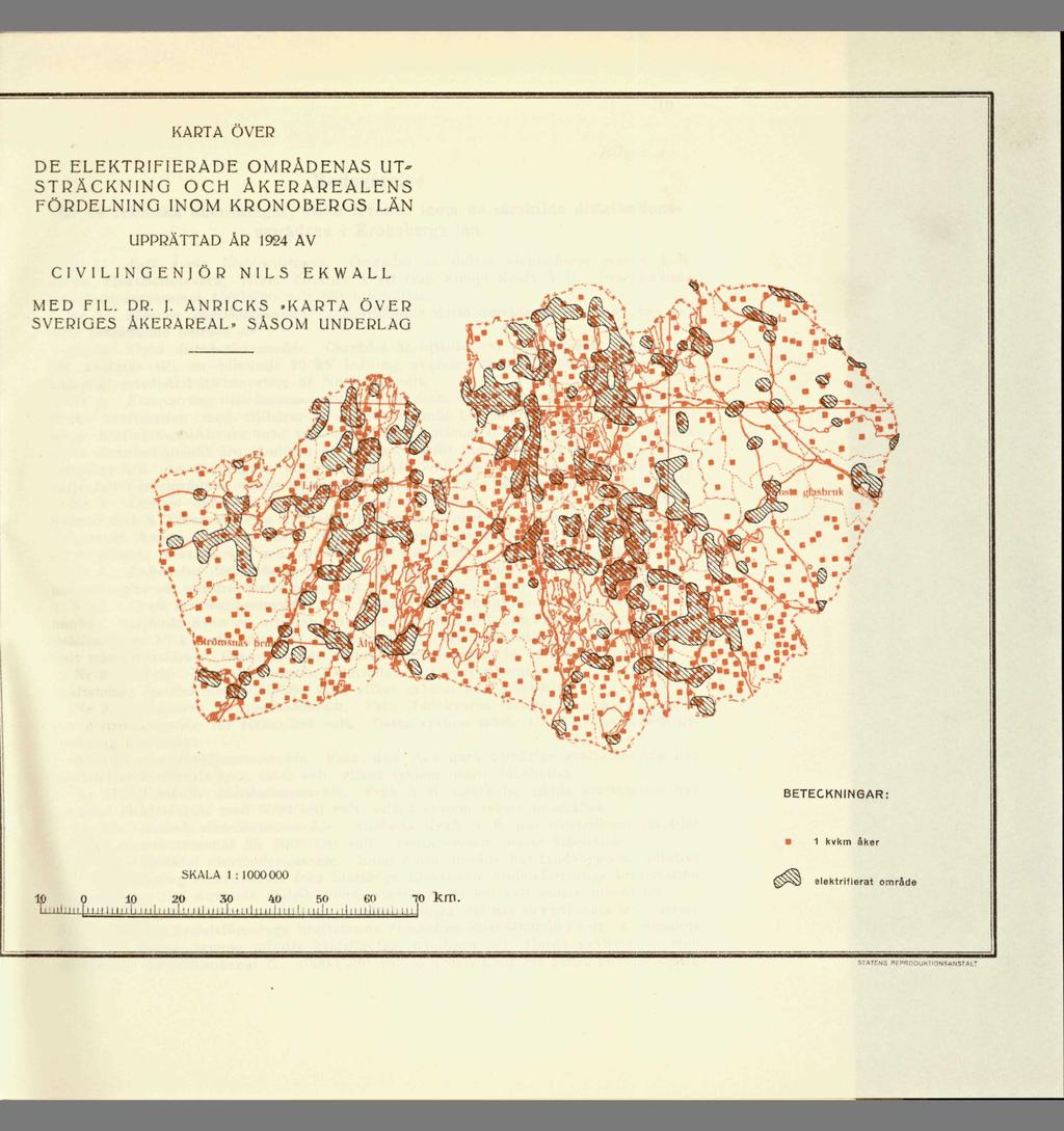 KARTA OVER DE ELEKTRIFIERADE OMRÅDENAS UT STRÄCKNING OCH ÅKERAREALENS FÖRDELNING INOM KRONOBERGS LÄN UPPRÄTTAD ÅR 1924 AV CIVILINGENJÖR NILS EKWALL MED FIL. DR. j.