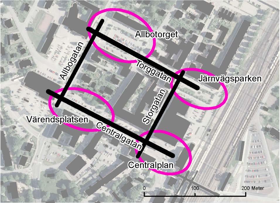Alvesta centrum har en småstadskaraktär med en blandning av bland annat små butiker, banker, hotell, mataffärer, caféer och restauranger.