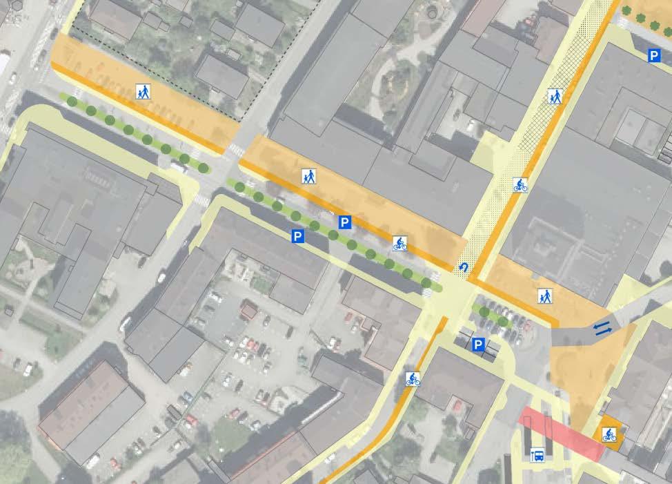 Gångstråket omfattar Värendsplatsen, förgårdsmarken framför Rådmannen och en breddning av befintlig trottoar framför kommunhusets entré.