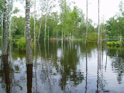 Ett större område finns mellan Södra stambanan och riksväg 126, samt mellan riksväg 126 och Sköldstavägen. Inne i tätorten finns mindre områden som riskerar att översvämmas.