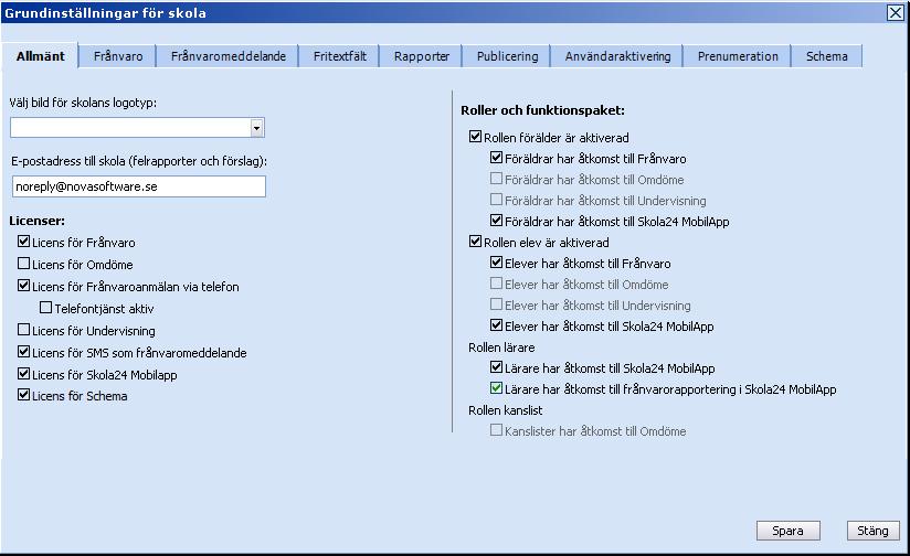 Här markeras vilka roller som ska få tillgång till Skola24 MobilApp. Denna behövs för att kunna använda appen. Markeringar utförs av Kommunadministratören.