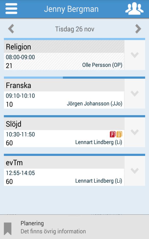 Schema Skola24 MobilApp utgår från schemat vilket är appens startvy. Om lärare eller elev har undervisning på fler än en skola visas schemat sammanslaget i ett schema.