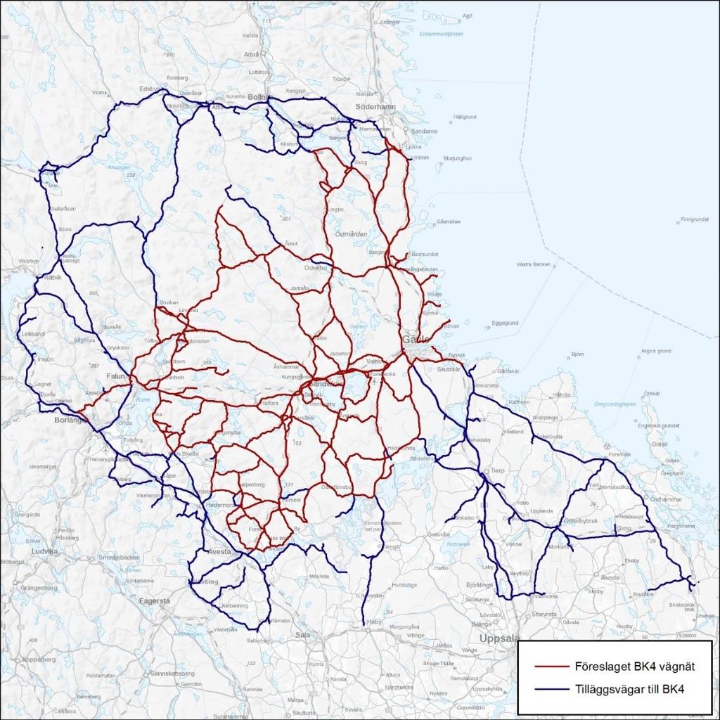 Figur 7. För område 3, Gävleborg har ett tilläggsvägnät till Trafikverkets förslag om BK4 vägnät föreslagits för att säkerställa bra studieförutsättningar. 9.