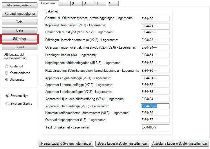 Säkerhet Säkerhet Lagerkoppling Textsträng i rutan styr vilket lager teknikgruppens detaljer skall placeras på. Textsträngen i rutan är redigerbar.