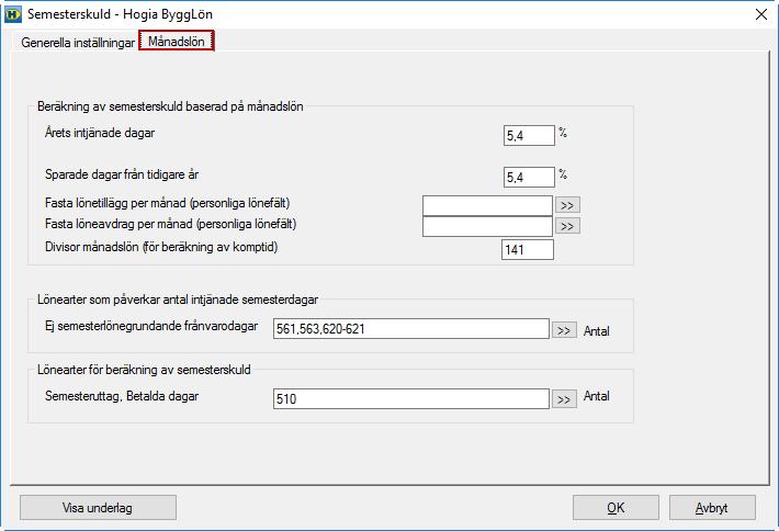 Beräkning av semesterskuld baserad på månadslön Årets intjänade dagar Ange procentsats för beräkning av årets intjänade dagar (ex 5,4 %).