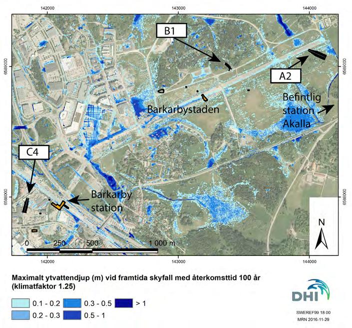 mest låglänta delarna svämmar över redan vid ett så kallat 2-årsregn (DHI 2015). Järfälla kommun arbetar i och med planarbetet för Barkarbystaden II (området som visas i Figur 6.