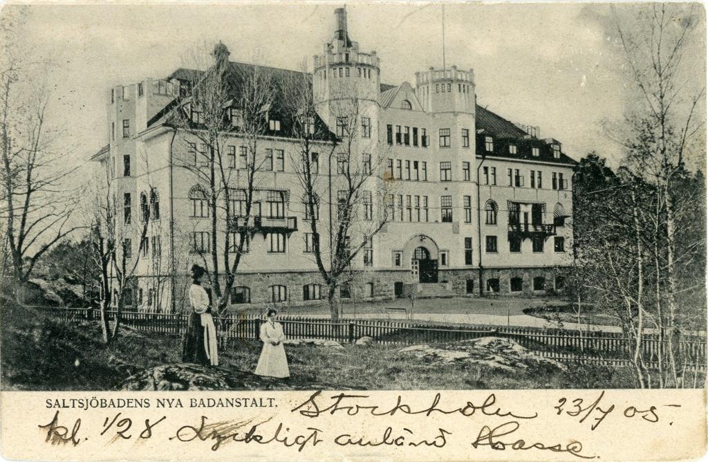 Badhotellet, som det nu kom att kallas, kom att bli en populär rekreationsplats för många utländska besökare under krigsåren. Skrivet och stämplat Stockholm 1905-07-24. Förlag: C. N:s Lj.