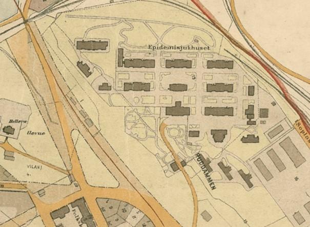 Karta över sjukhusområdet 1909 Sjukhuset stängde 1993 och numera upptas de flesta