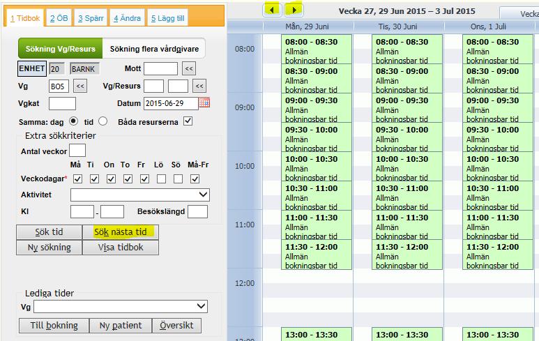 bokningsbar tid Streckat = Spärrad tid Bläddra framåt/bakåt med pilarna (Alt+n = bakåt,