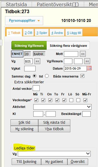 Dubbelklicka på önskad tid i schemat eller välj bland Lediga tider se bild nedan, markera vald tid och klicka därefter på Till bokning (Alt+b) för att komma
