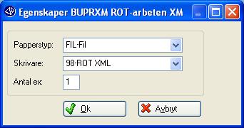 I rutin 840 Rapportgeneratorn anges Skrivaren på XML-formatet. Klicka på Välj rapport, ange format BUPRXM och klicka sedan på Öppna.