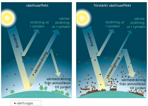 Växthuseffekten Växthuseffekten är när solens strålar (ljusenergi) når jordens yta absorberas den och omvandlas till värmestrålning (värme).