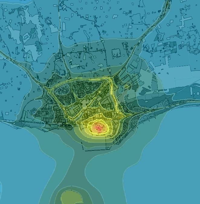 Figur 177 Beräknade årsmedelvärden av kvävedioxid i tätorten, enhet µg/m 3. Den totala kväveoxidhalten i kommunen har olika geografiskt ursprung.