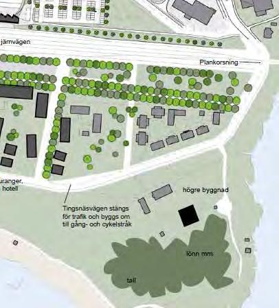 TINGSNÄS Stranden Den offentliga miljön vid vattnet föreslås att utformas med småbåtshamn, badbryggor, strandpromenad, lekplats, odlingar, fruktlund och badplats.