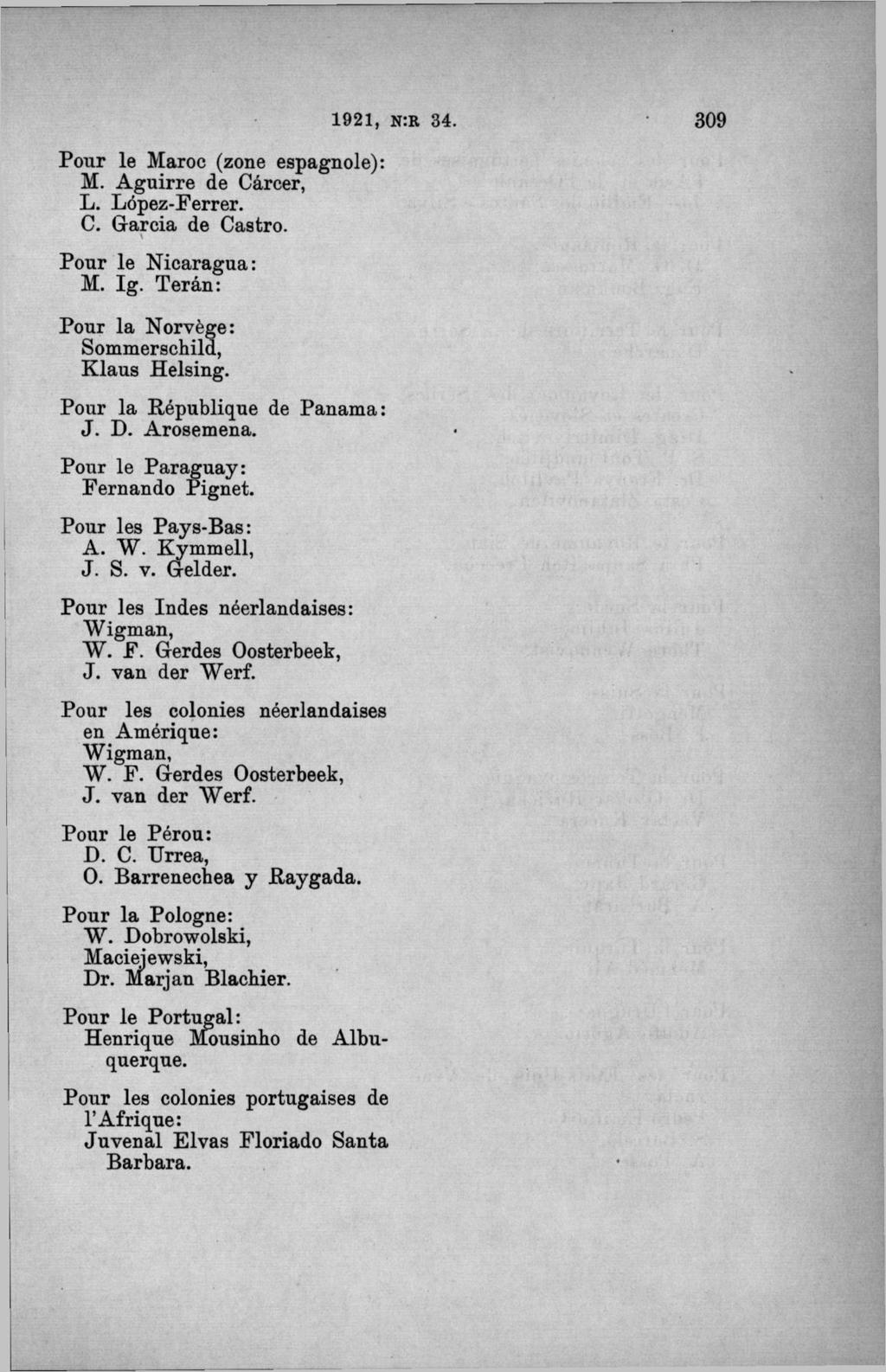 Pour le Maroc (zone espagnole): M. A guirre de Cårcer, L. Löpez-Ferrer. C. G arcia de Castro. Pour le N icaragua: M. Ig. Terån: Pour la Norvége: Sommerschild, K laus Helsing.