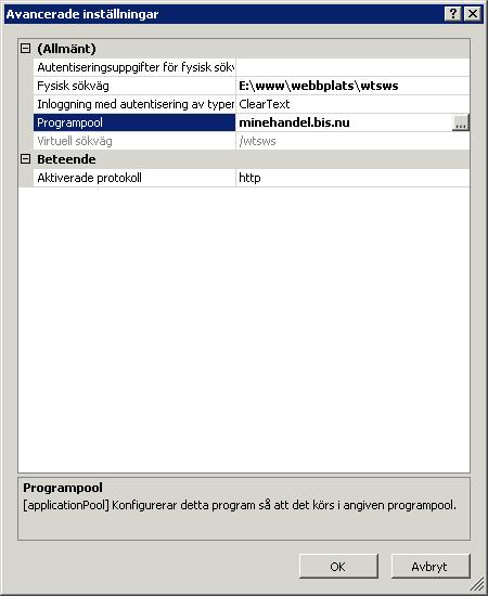 När installationen av WTSWS är klar behöver programpoolen som applikationen körs av justeras.
