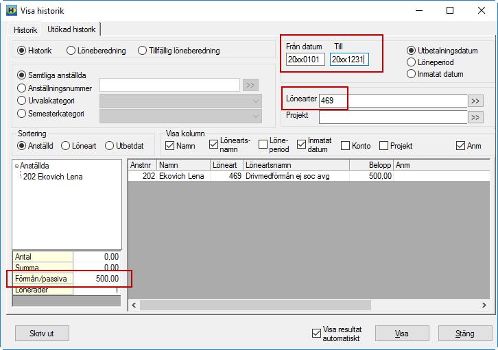 Om du vill se de 20 % som inte är underlag för arbetsgivaravgift kan du ta ut löneartshistorik på löneart 469 Drivmedelsförmån ej sociala avgifter för hela året under menyn Visa - Historik fliken