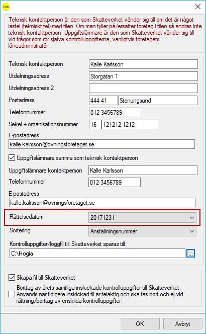 Rättelsefilen ska endast innehålla anställda med rättelser. När du skapar filen gör du urval på dessa genom att välja aktuellt rättelsedatum.