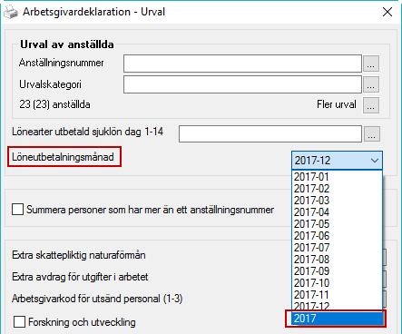 Påbörja avstämningen Ta ut Arbetsgivardeklarationen för hela året under menyn Analys Rapporter Periodens & Månadens. Välj 2017 i rutan för Löneutbetalningsmånad.