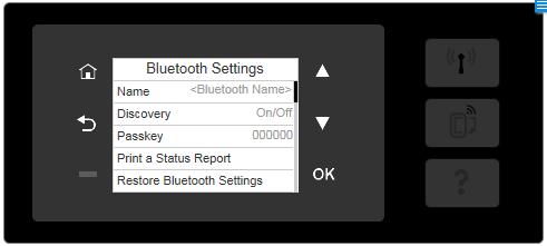 Namn: Bluetooth-namn för skrivaren. Upptäcka: På: Skrivaren kan hittas från klientsidan. Av: Skrivaren kan inte hittas från klientsidan.