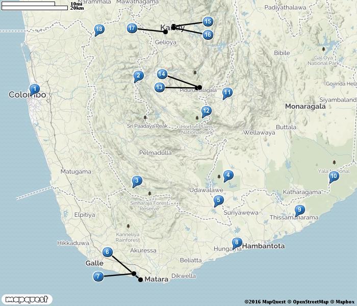 1. Colombo 2. Kitulgala 3. Sinharaja FR 4. Udawalawe NP 5. Embilipitiya 6. Mirissa 7. Weligama 8. Kalametiya BS 9. Tissamaharama 10. Yala NP 11. Surrey BS 12. Horton Plains NP 13. Victoria Park 14.