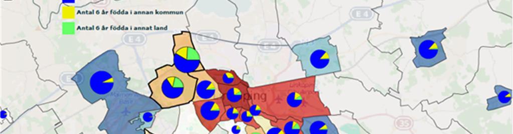 fördelningen mellan andelen barn födda i Linköping, i en annan kommun respektive i ett annat land.