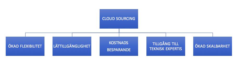 2.5 Cloud Sourcing Cloud Sourcing beskrivs som outsourcing av IT resurser till molnet, innefattande både Cloud Computing (teknologi) och aktörer samt faktorer som samverkar för att outsourcing ska