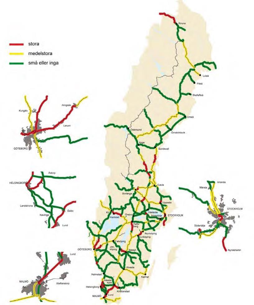 Kartor Kapacitet i Järnvägsnätet 2011,2015 och 2021 Röd färg indikerar stora kapacitetsbrister Gul färg indikerar medelstora kapacitetsbrister Grön färg indikerar små eller inga kapacitetsbrister
