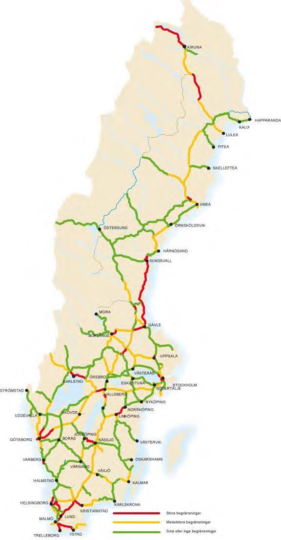 Kapacitet 2015 Även denna karta från samma rapport Kapacitetsbrister i Järnvägsnätet 2015 och 2021 efter beslutade åtgärder visar